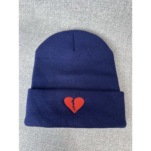 Navy Cuff Beanie with Embroidered Broken Heart - Unisex Winter Hat - Picture 3 of 4